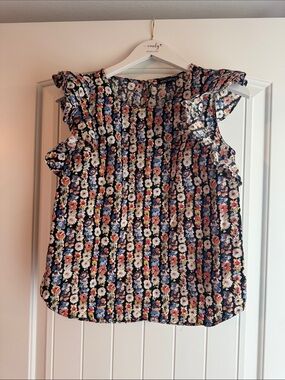 J. Crew Navy Floral Ruffle-Sleeve Blouse
